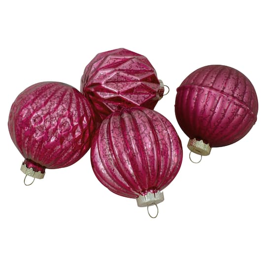 12ct. 3" Glitter & Matte Magenta Pink Finial & Glass Ball Christmas Ornaments